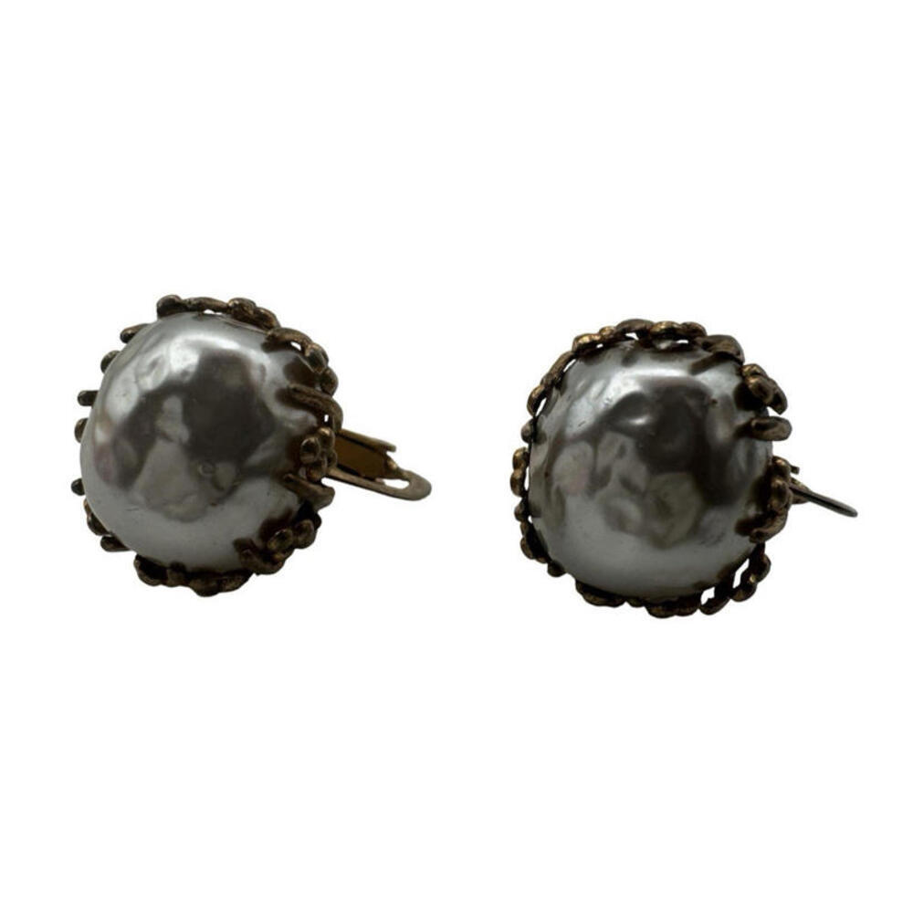 Miriam Haskell Vintage Signed Earrings Faux Pearl Rhinestone Gold Tone
